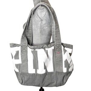 PINK By Victoria's Secret Tote Bag Gray Large Big Gym Cotton Canvas Zipper Beach